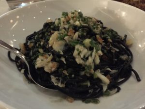 Oddfish Crab and Squid Ink Linguine with green onions and chillis
